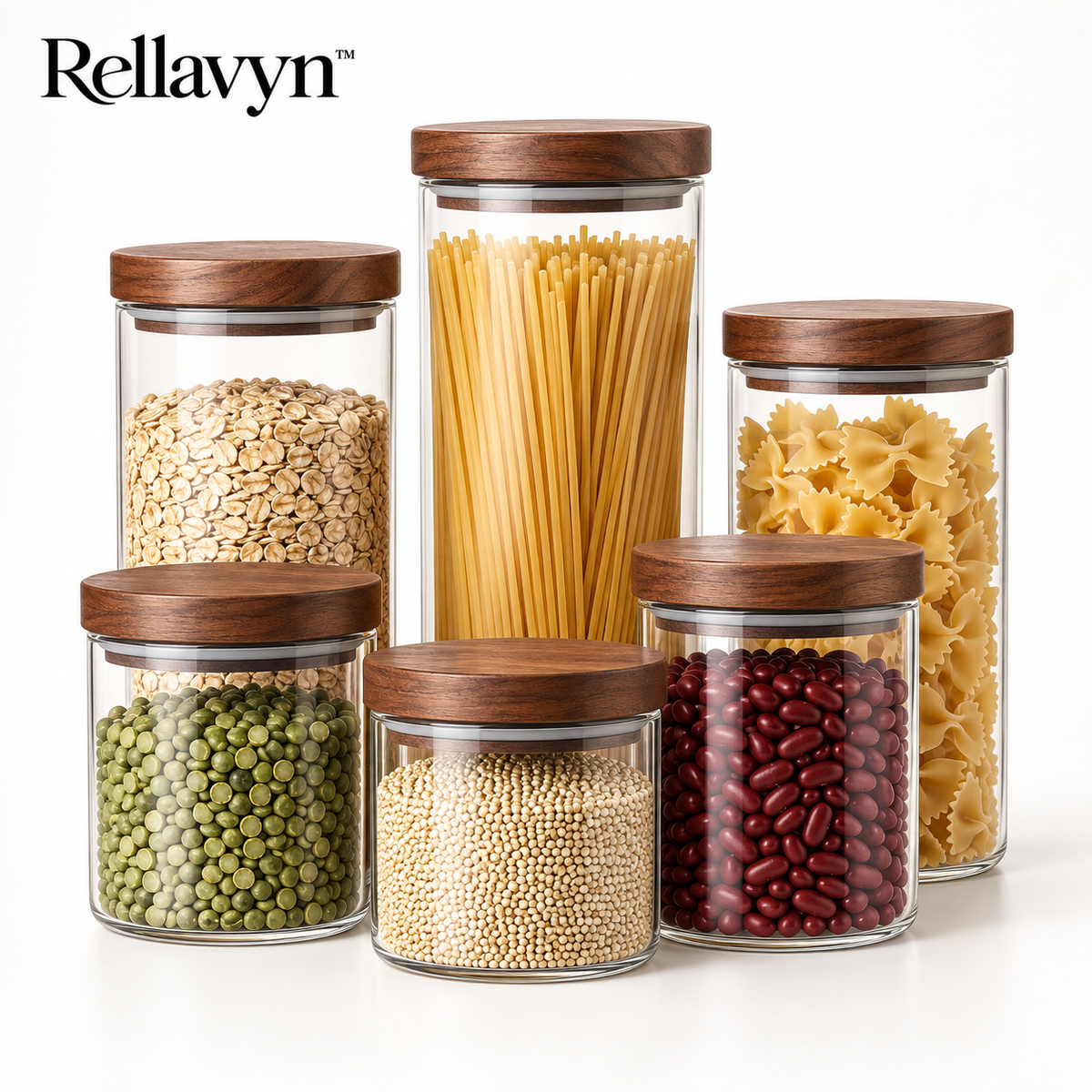 Rellavyn™ Glass Pantry Canister Set with Walnut Lids, 6 Pieces