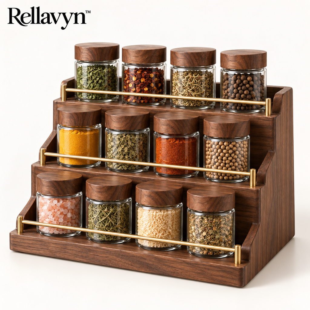 Rellavyn™ Three-Tier Walnut Spice Rack with Glass Jars