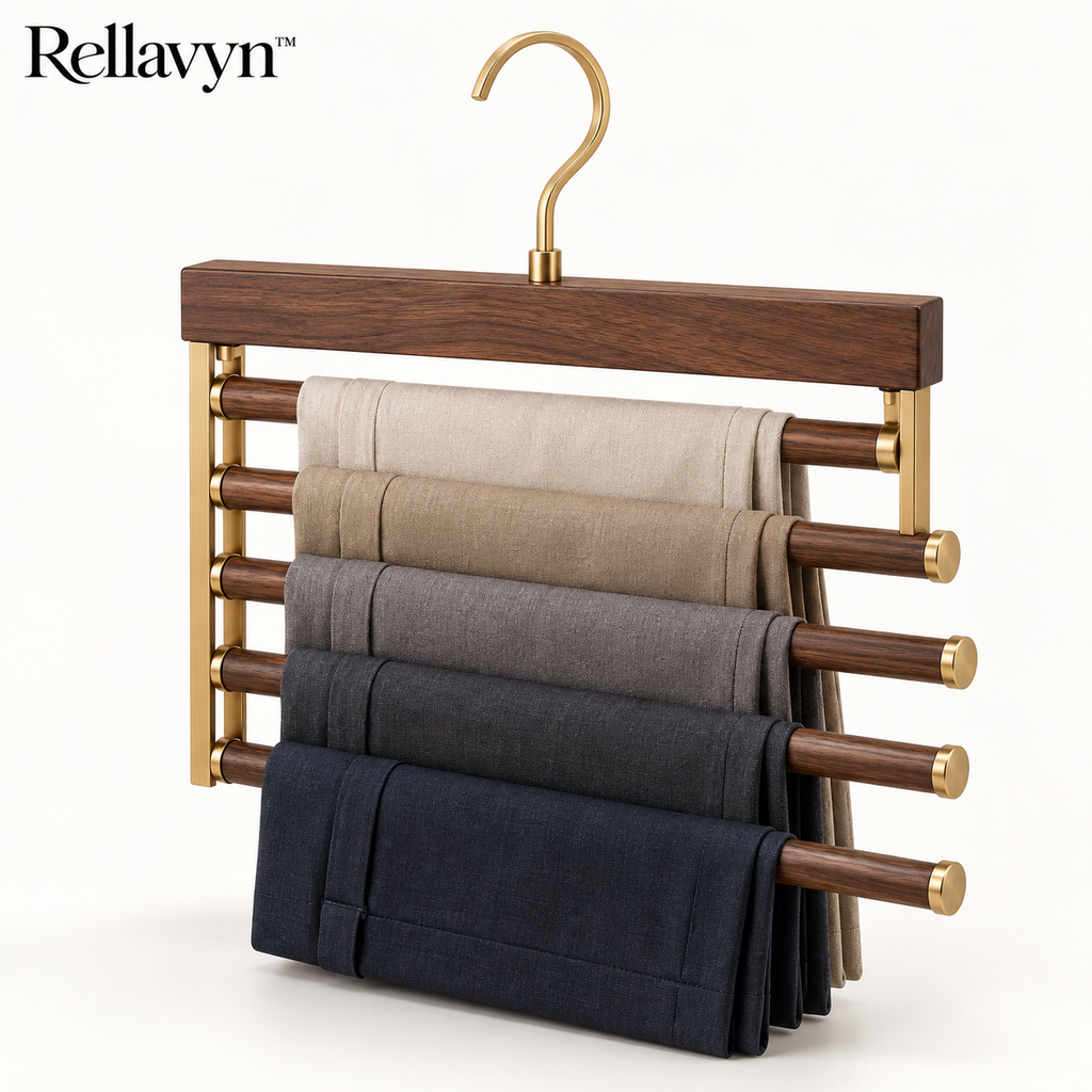 Rellavyn™ Walnut Multi-Tier Pants Hanger with Brass-Finish Hardware