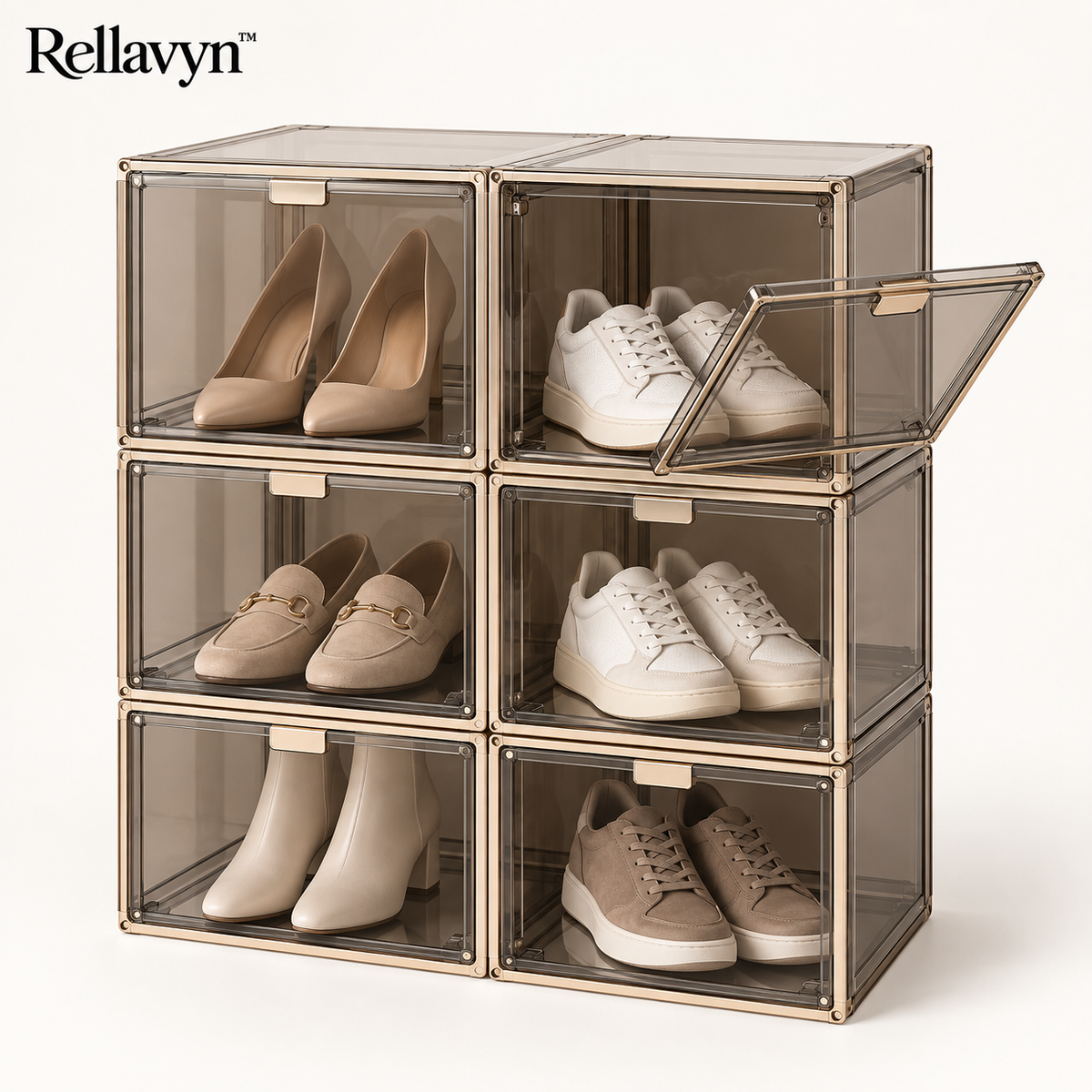 Rellavyn™ Stackable Clear Shoe Storage Boxes with Drop-Front Doors