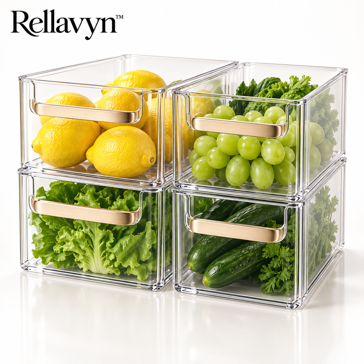Rellavyn™ Stackable Clear Refrigerator Organizer Bins, Set of 4