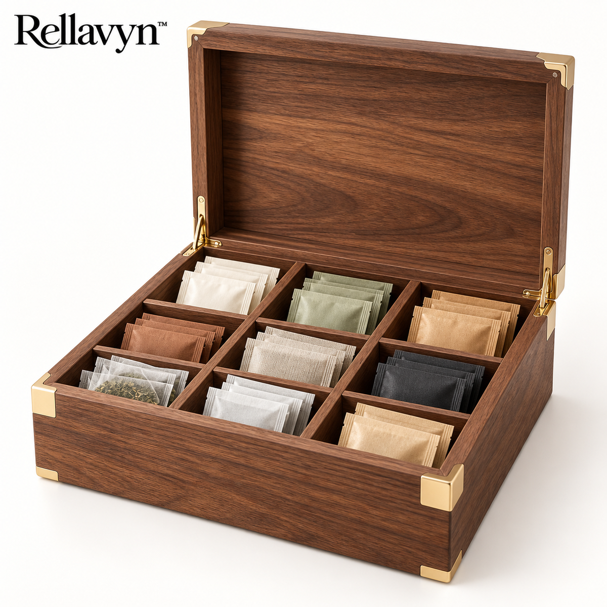 Rellavyn™ Walnut Tea Bag and Coffee Pod Organizer Box