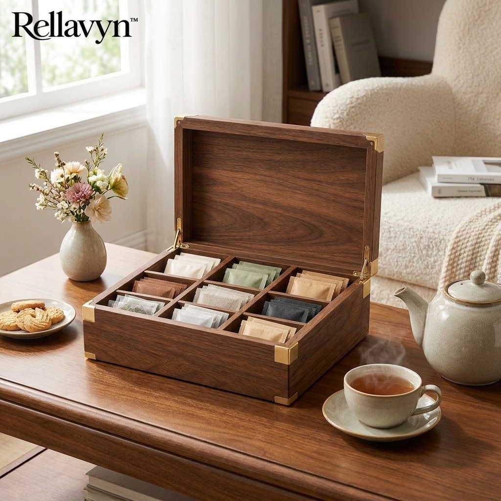 Rellavyn™ Walnut Tea Bag and Coffee Pod Organizer Box