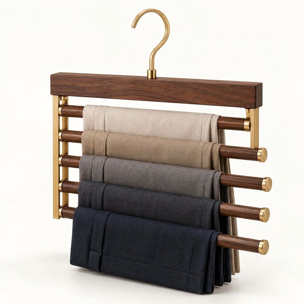 Rellavyn™ Walnut Multi-Tier Pants Hanger with Brass-Finish Hardware