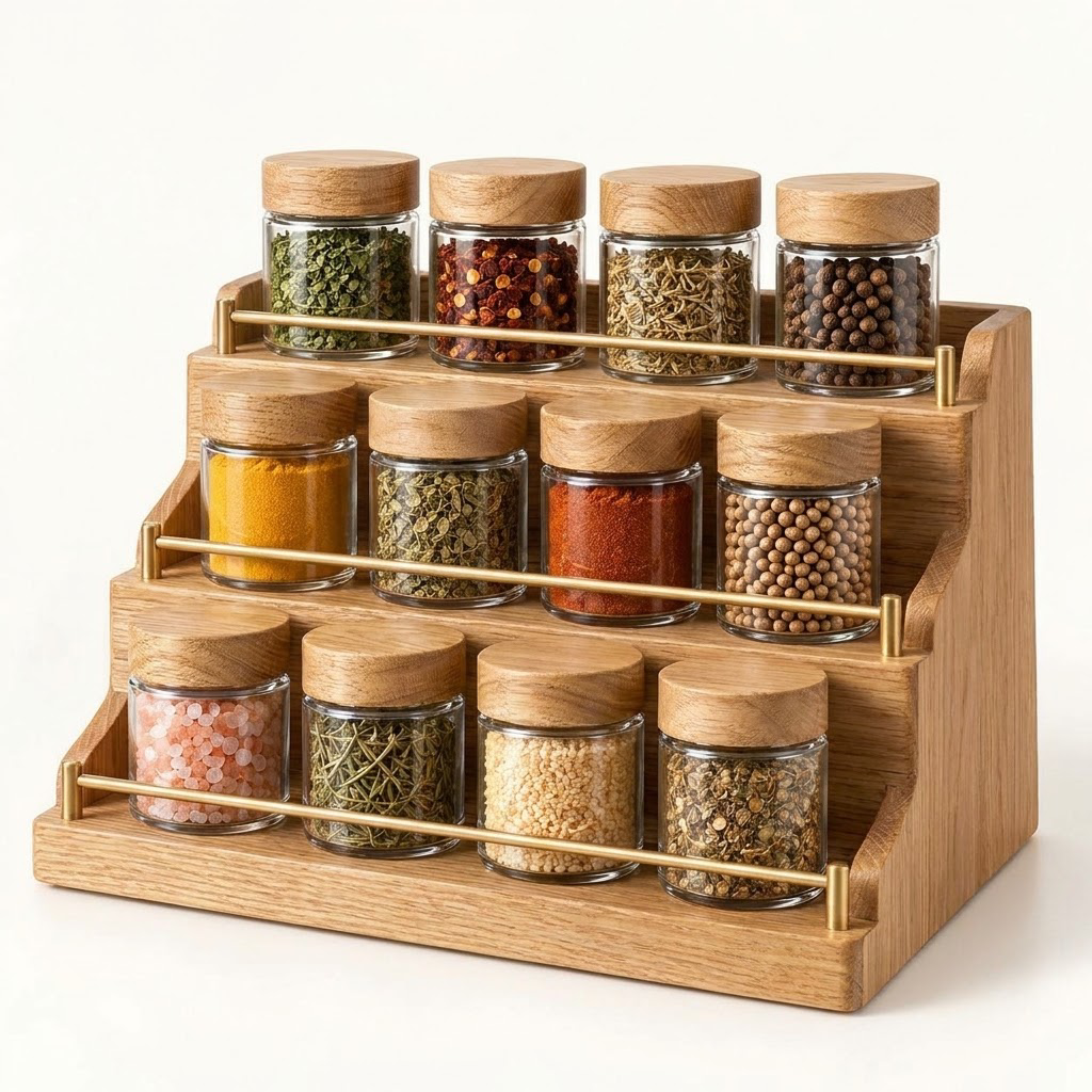 Rellavyn™ Three-Tier Walnut Spice Rack with Glass Jars