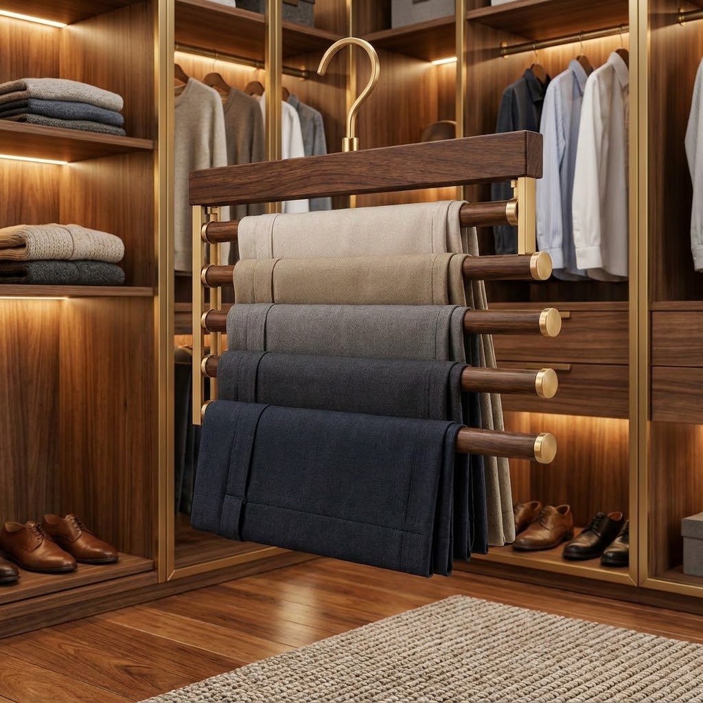 Rellavyn™ Walnut Multi-Tier Pants Hanger with Brass-Finish Hardware