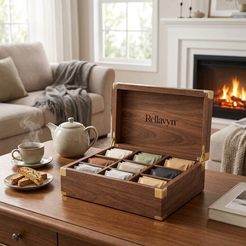 Rellavyn™ Walnut Tea Bag and Coffee Pod Organizer Box