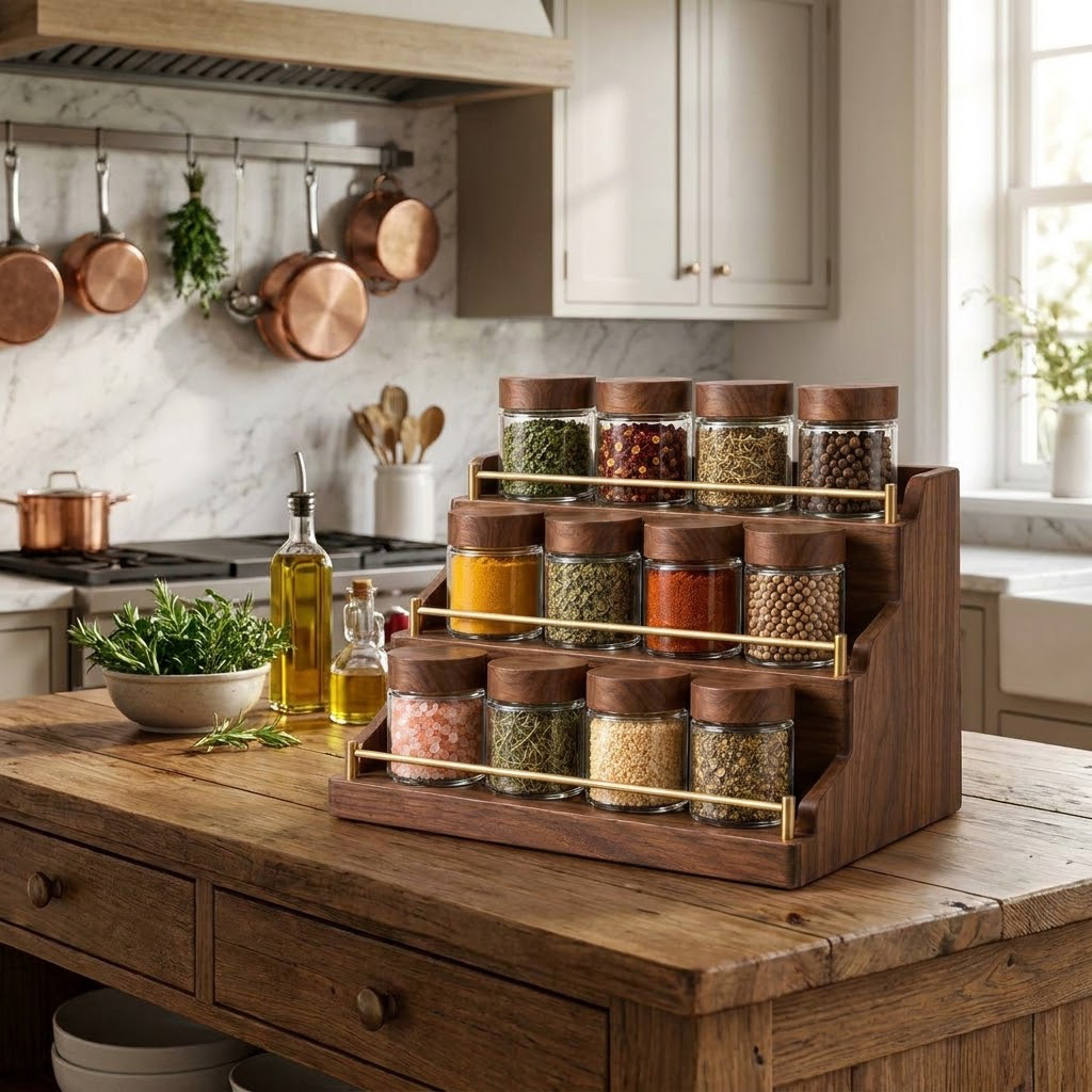 Rellavyn™ Three-Tier Walnut Spice Rack with Glass Jars