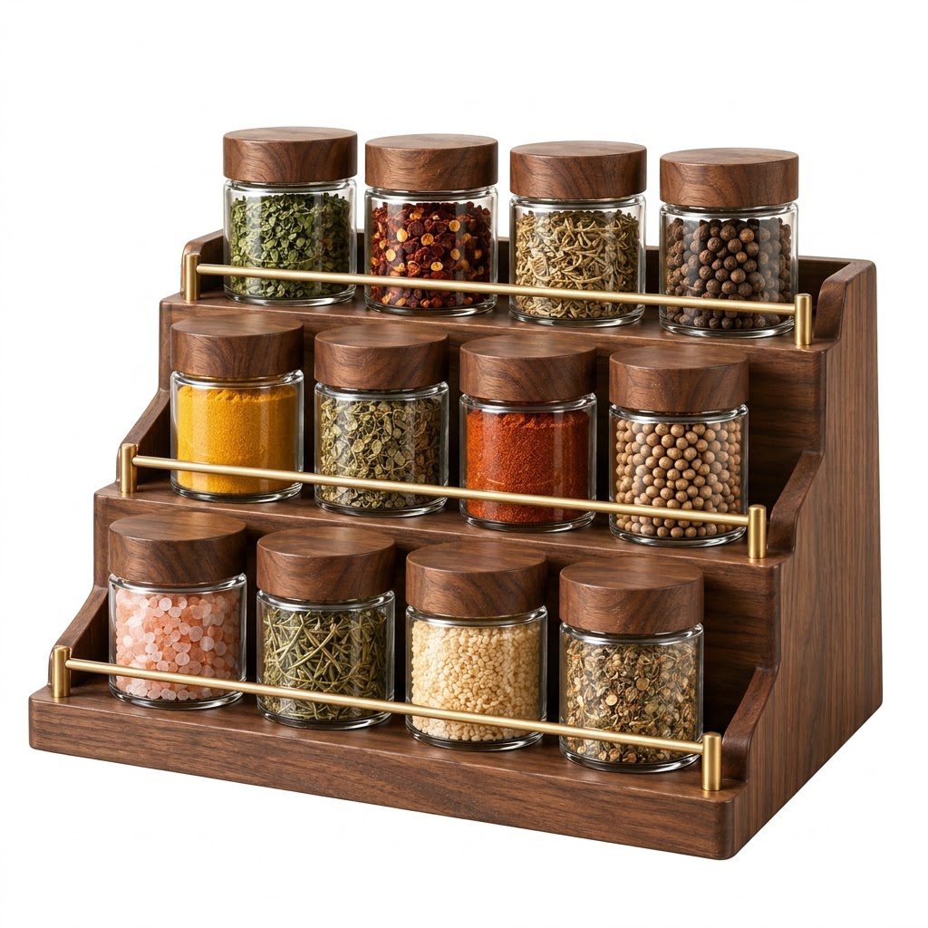 Rellavyn™ Three-Tier Walnut Spice Rack with Glass Jars