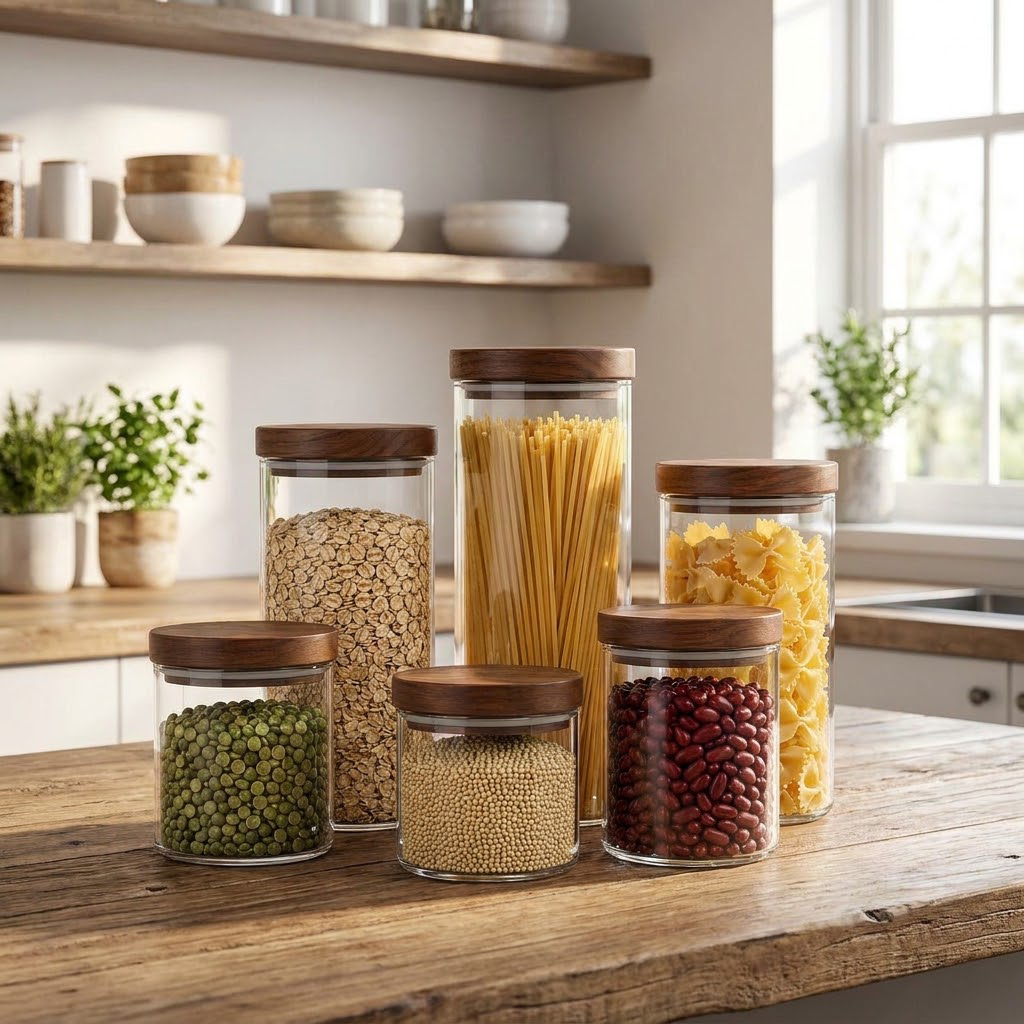 Rellavyn™ Glass Pantry Canister Set with Walnut Lids, 6 Pieces