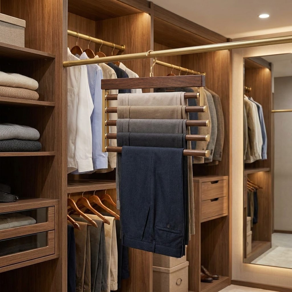 Rellavyn™ Walnut Multi-Tier Pants Hanger with Brass-Finish Hardware