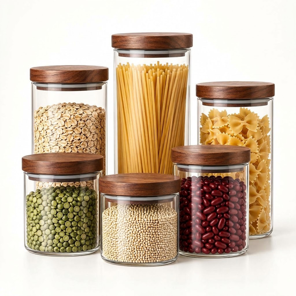 Rellavyn™ Glass Pantry Canister Set with Walnut Lids, 6 Pieces