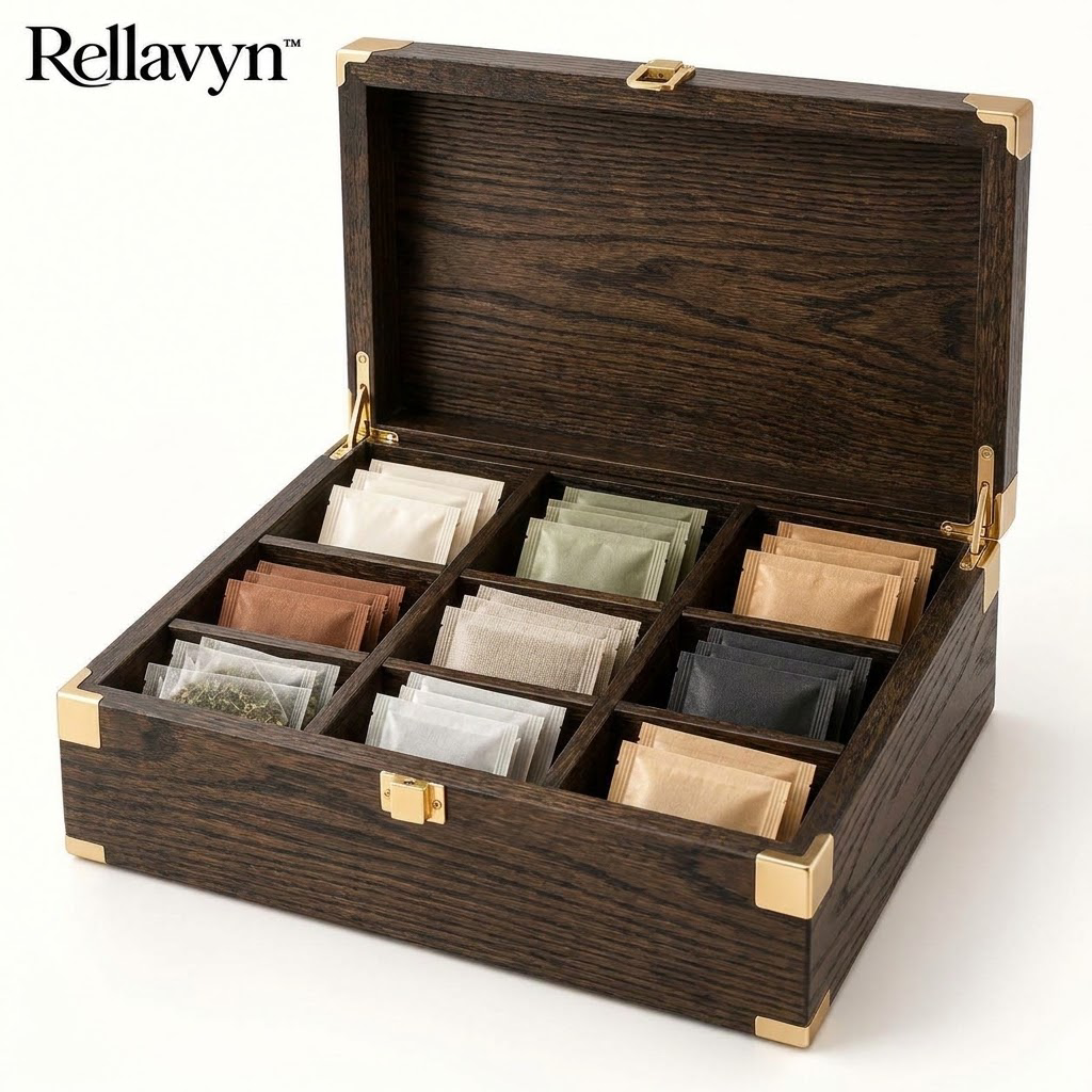 Rellavyn™ Walnut Tea Bag and Coffee Pod Organizer Box