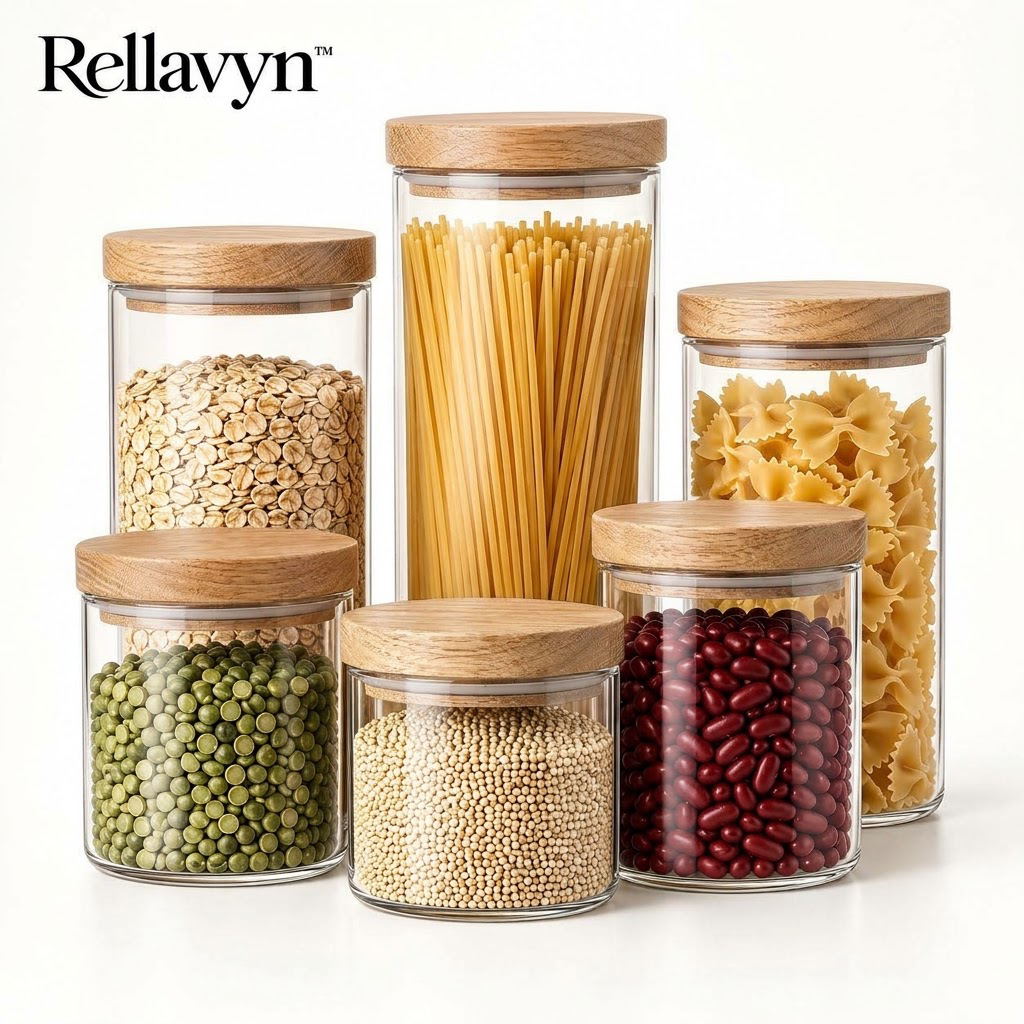 Rellavyn™ Glass Pantry Canister Set with Walnut Lids, 6 Pieces