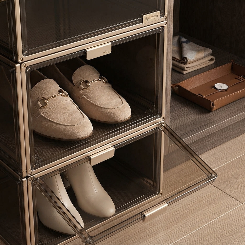 Rellavyn™ Stackable Clear Shoe Storage Boxes with Drop-Front Doors