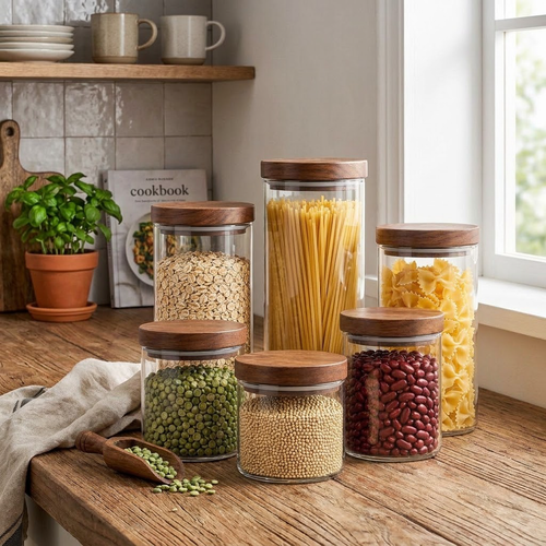 Rellavyn™ Glass Pantry Canister Set with Walnut Lids, 6 Pieces