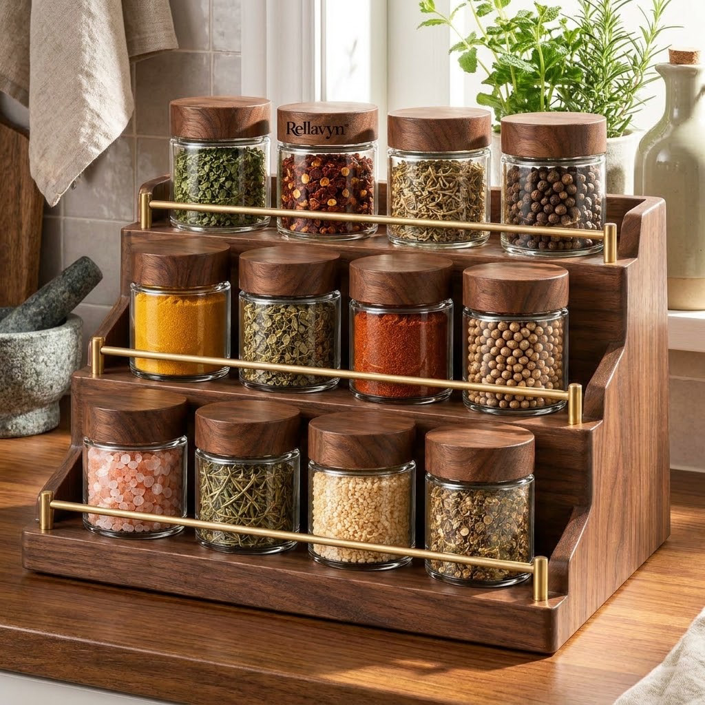 Rellavyn™ Three-Tier Walnut Spice Rack with Glass Jars